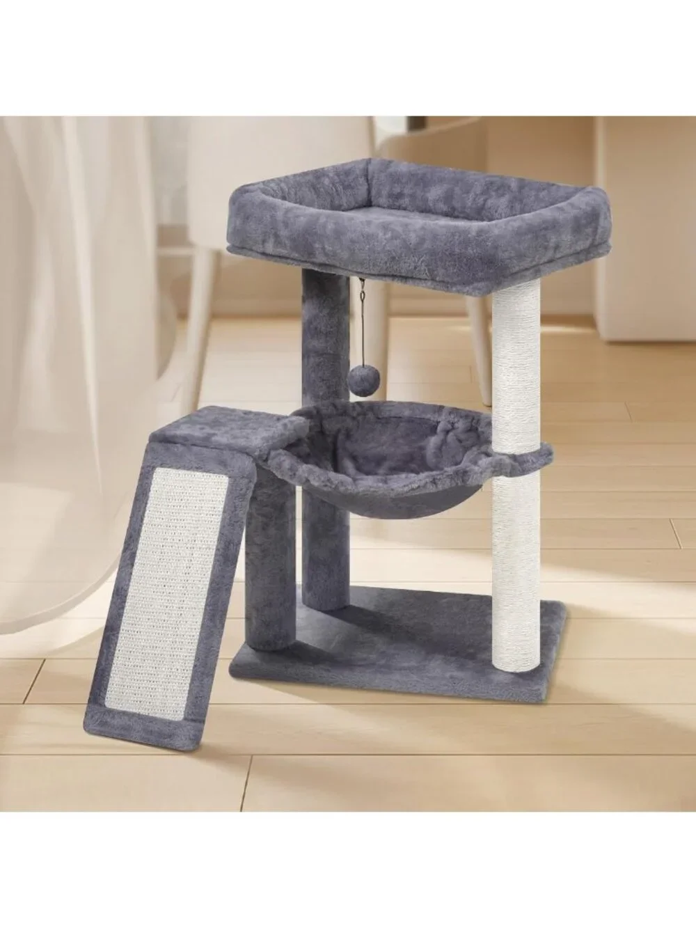 Cozy Cat Tree Tower with Scratching Post, Playful Toy Balls & Hammock - Grey